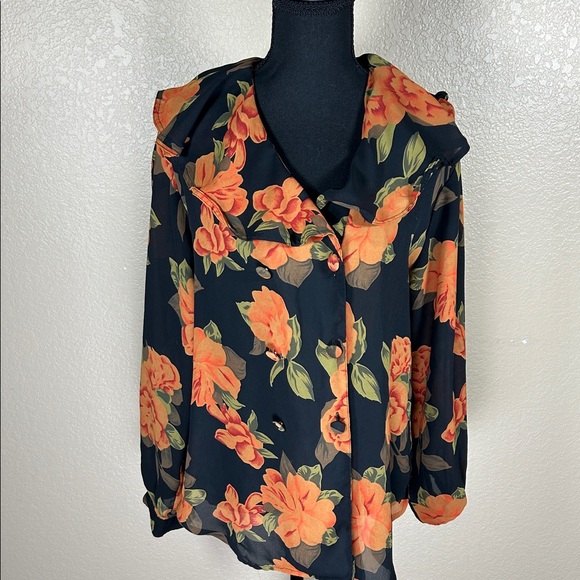 Notations Tops - Notations Black and Orange Floral Blouse